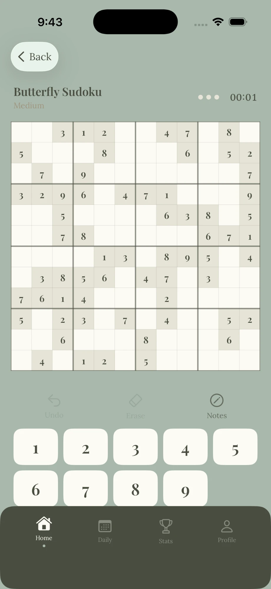 A Butterfly board in the app: a 12 by 12 grid with starting digits scattered across it.