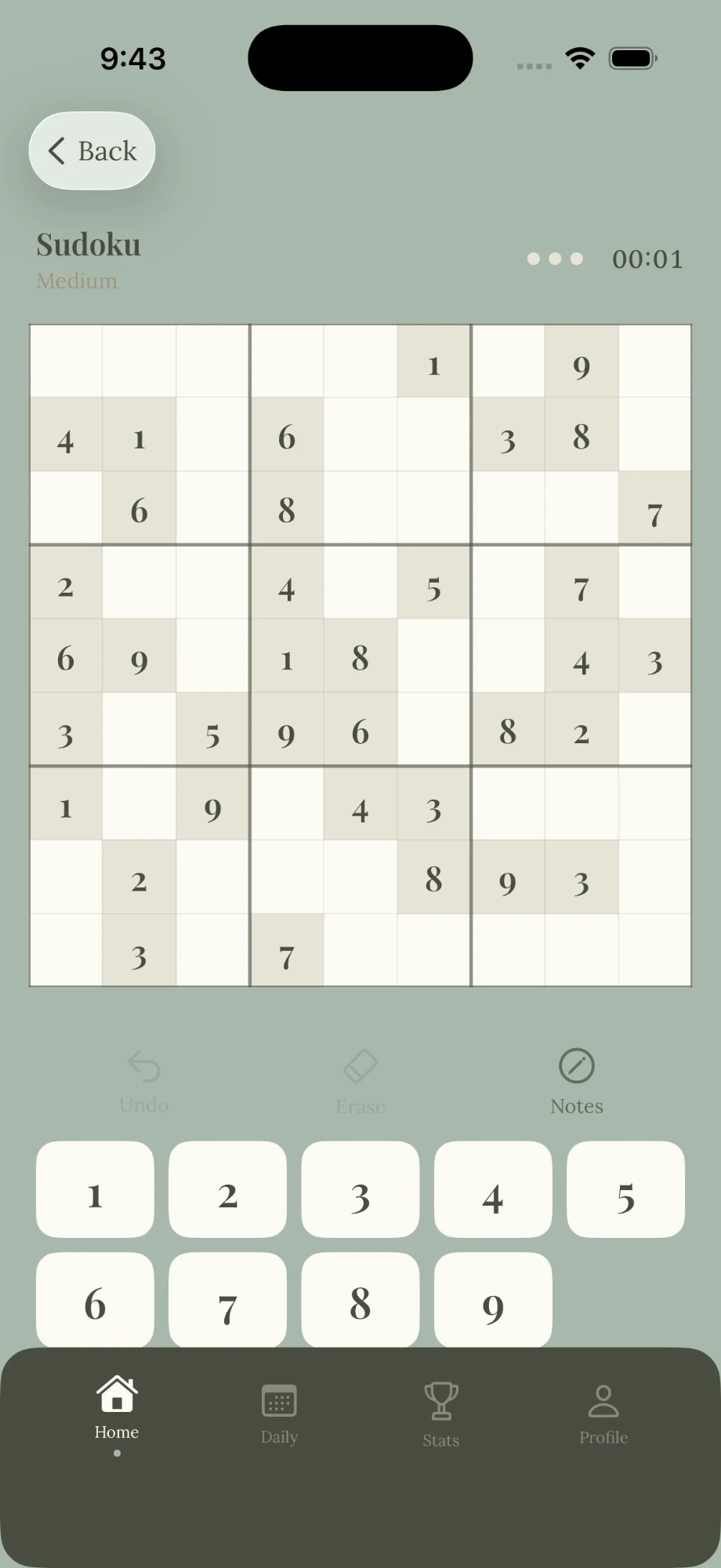 A Classic board in the app: a 9 by 9 grid with its starting digits on shaded squares.