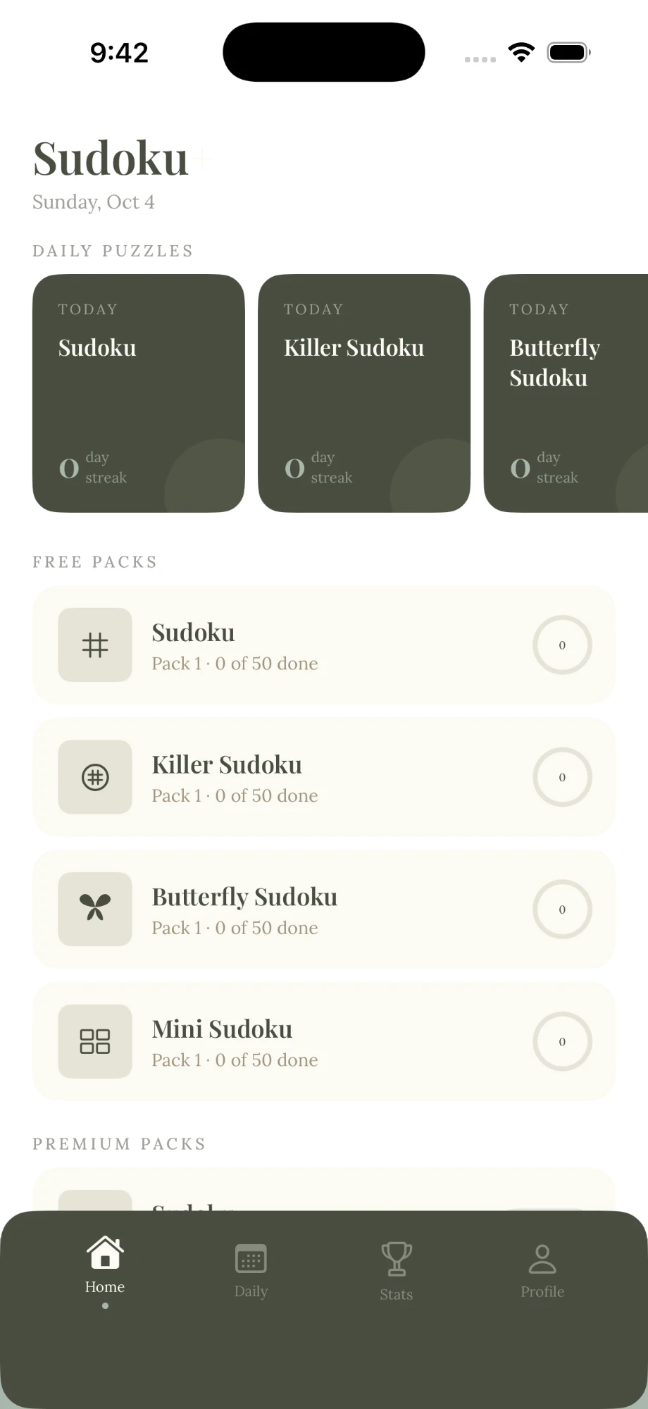 The Sudoku+ home screen: today’s daily puzzles in a row of cards, then the free packs for Sudoku, Killer, Butterfly and Mini, each showing how many of its 50 puzzles are done.