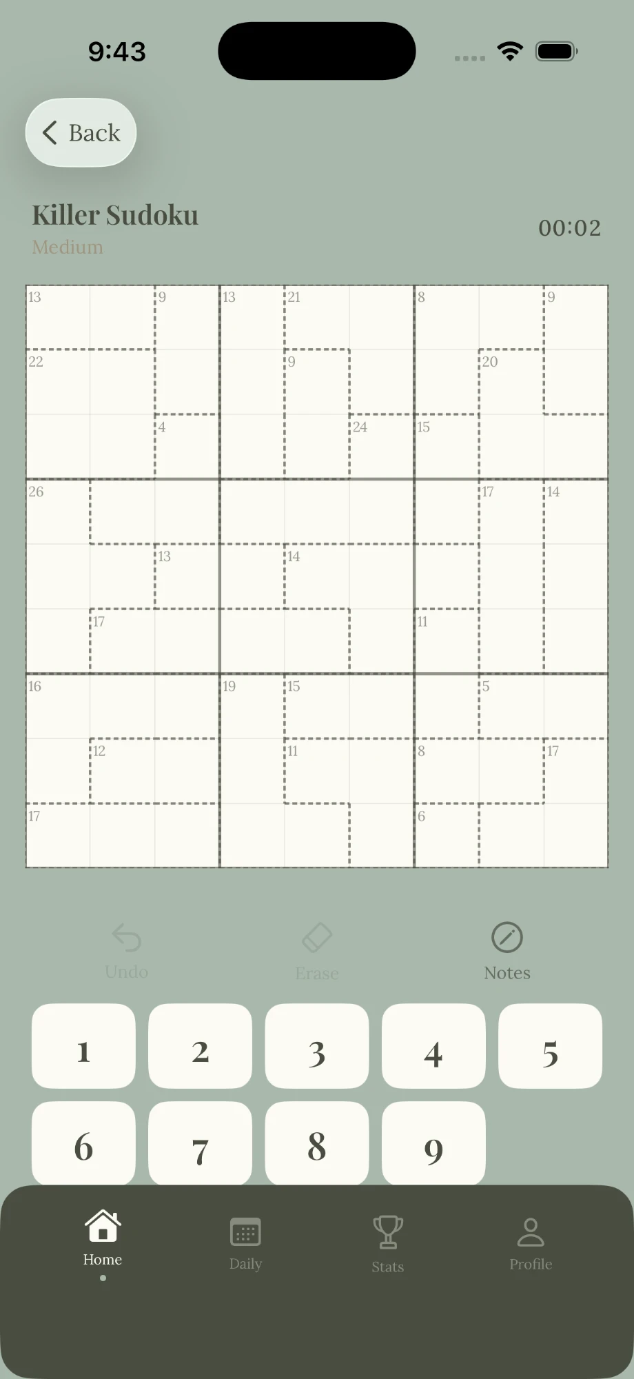 A Killer board in the app: an empty 9 by 9 grid divided into dashed cages, each with a small sum in its corner.