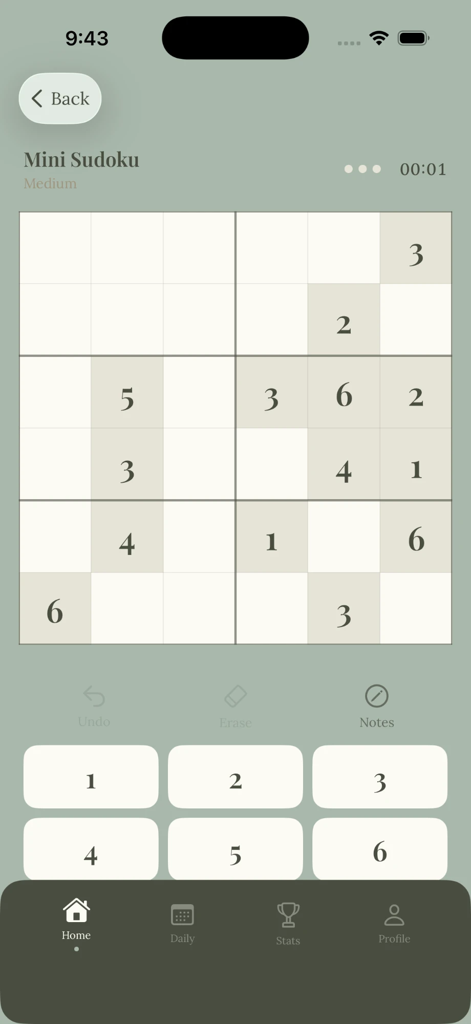 A Mini board in the app: a 6 by 6 grid with 2 by 3 boxes.