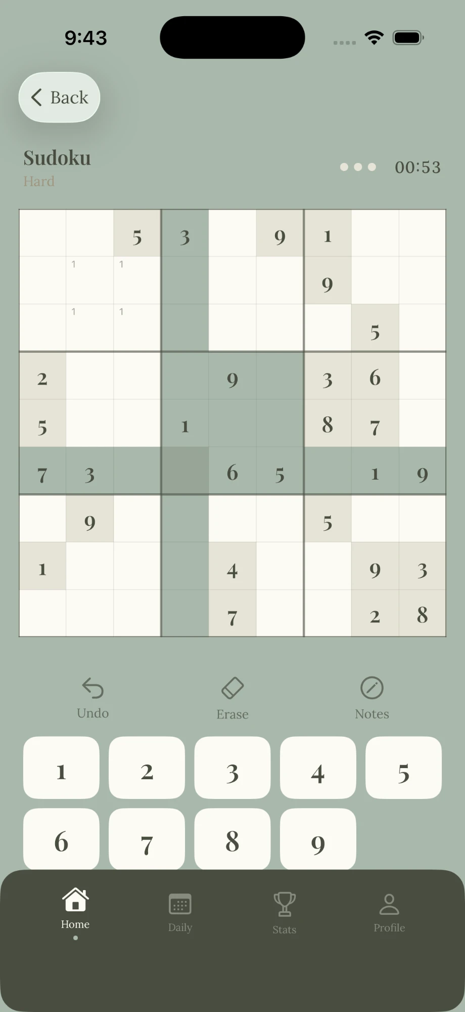 Sudoku+ on iPhone, partway through a Hard puzzle. The selected square’s row, column and box are shaded, and four squares hold pencilled notes.